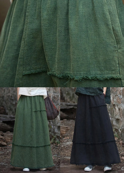 Green Pockets Raw Edge Patchwork Linen Skirt Spring
