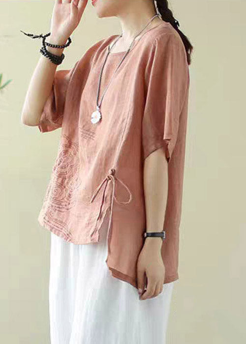 Classy Orange O-neck Embroidered Drawstring Low High Design Cotton Tops Short Sleeve