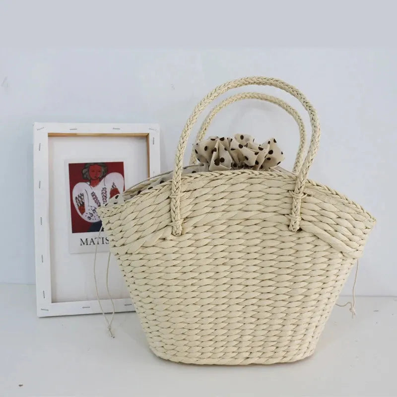 Summer New Straw Woven Braided Top Handle Travel Shopping Bucket Simple Large Handbags