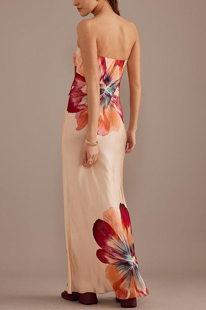 Charming Lady Satin Print Bandeau Loose Maxi Dress