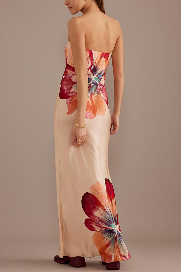 Charming Lady Satin Print Bandeau Loose Maxi Dress
