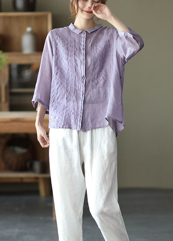 Natural Purple Peterpan Collar Button Embroidered Fall Top Long Sleeve
