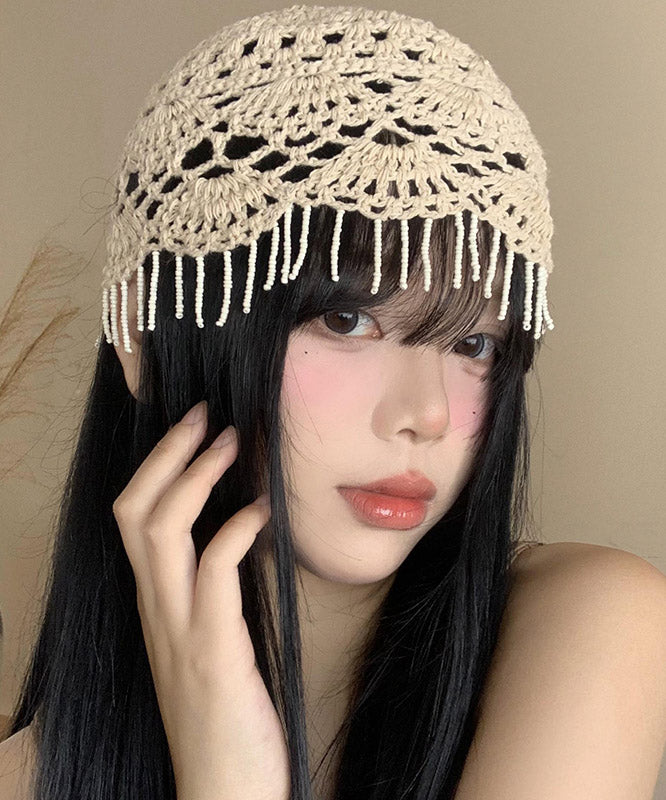 Beige Tassel Hollow Out Knit Boonie Hat