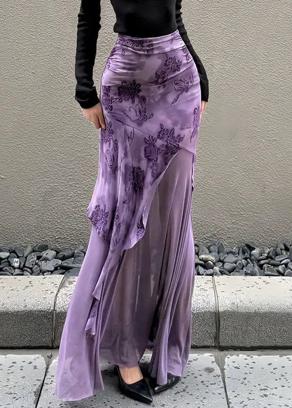 Purple Print Patchwork Tulle Wraped Skirts Spring