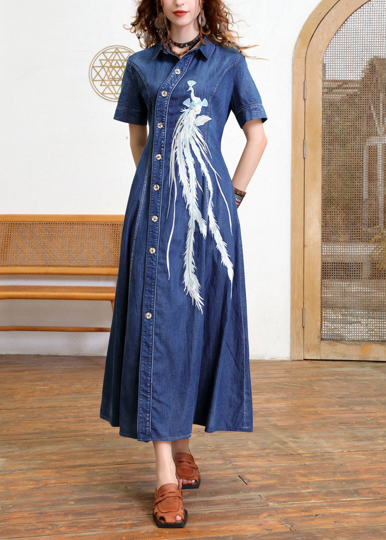 Blue Peter Pan Collar Patchwork Button Long Denim Dress Short Sleeve