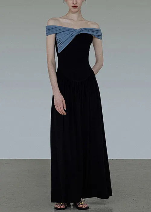 Original Black Slash Neck Wrinkled Patchwork Cotton Long Dress Summer