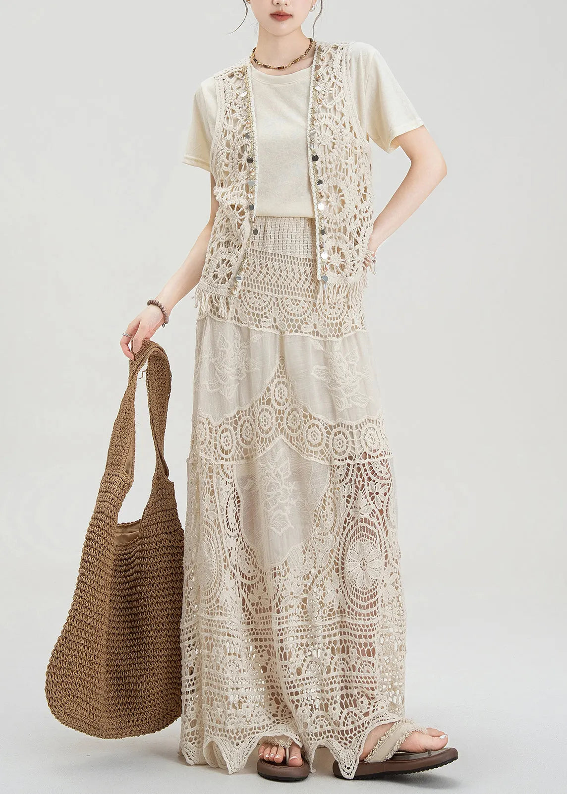 Apricot Hollow Hook Flower Vest T-shirt Skirt Set Summer