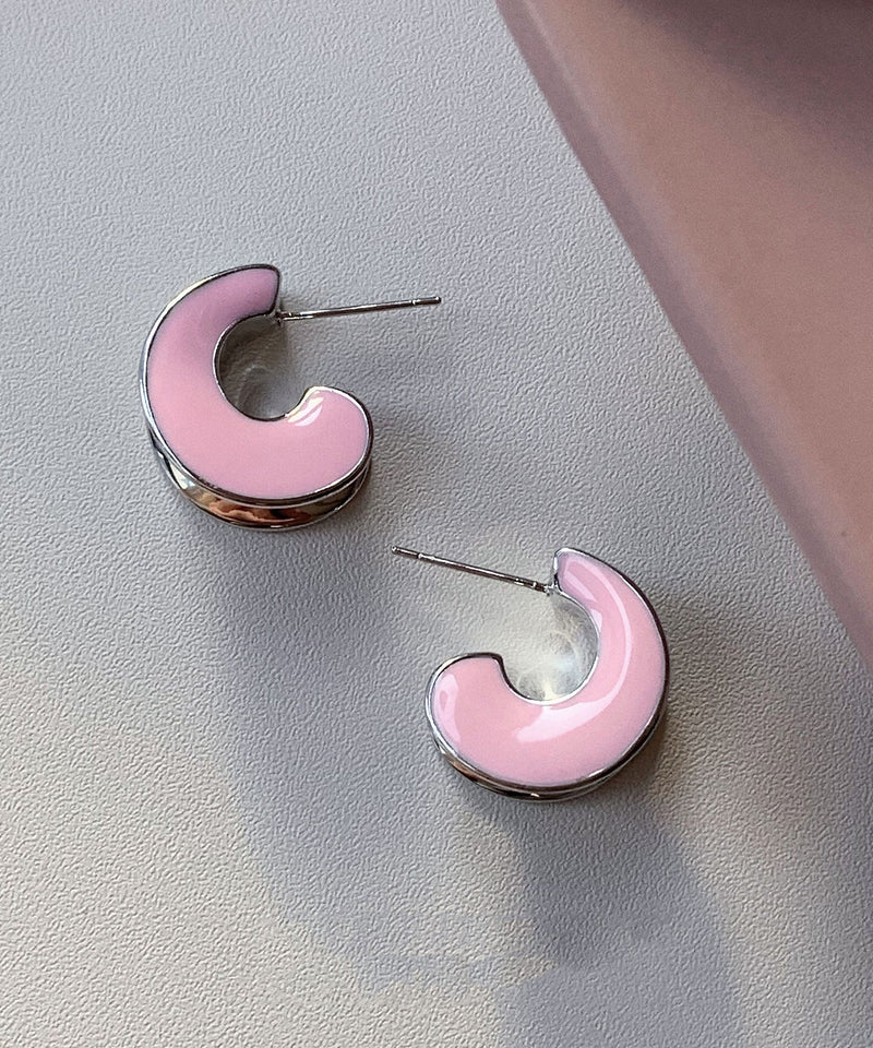 Pink Sterling Silver C-shaped Drip Glaze Hoop Earrings