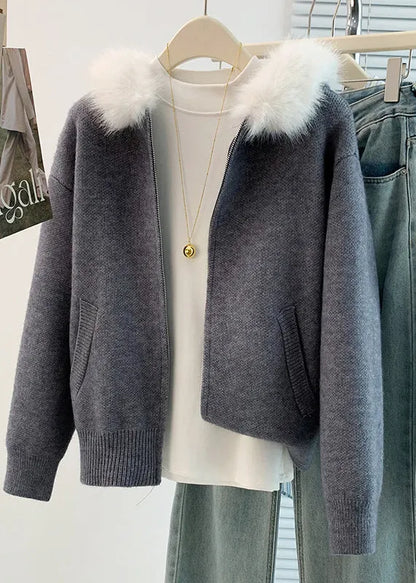 Art Khaki Fur Collar Warm Knit Hoodies Outwear Winter