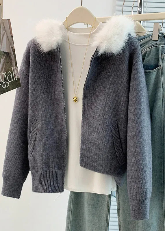 Art Khaki Fur Collar Warm Knit Hoodies Outwear Winter