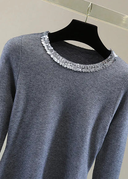 Grey O-neck Tie Waist Cotton Knit Sweater Long Sleeve