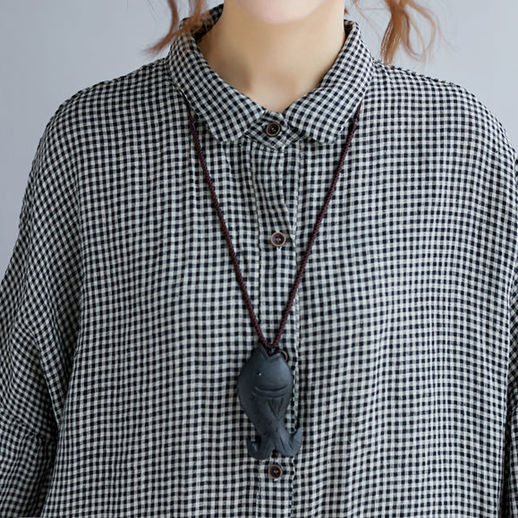Stylish Black Plaid Cozy Cotton T Shirt Oversize Turn-down Collar Cotton Blouses Fine Long Sleeve Tops