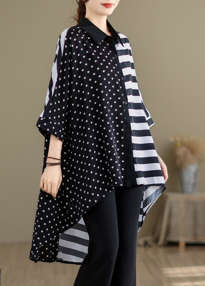 Black Peter Pan Collar Low High Design Cotton Shirt Summer