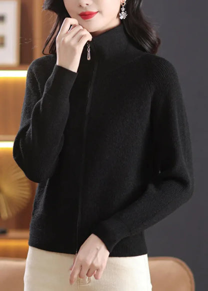 Black Knit Cardigans Peter Pan Collar Zippered Fall