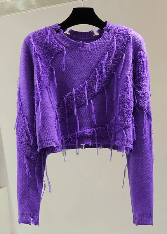 Purple O-neck Ripped Tassel Cotton Knit Sweater Winter