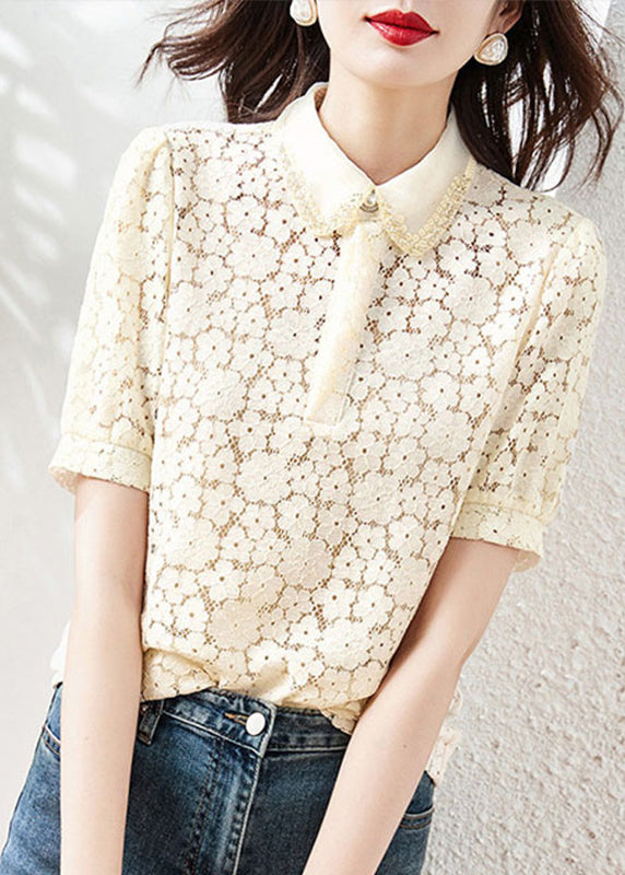 Apricot Peter Pan Collar Lace T Shirt Summer
