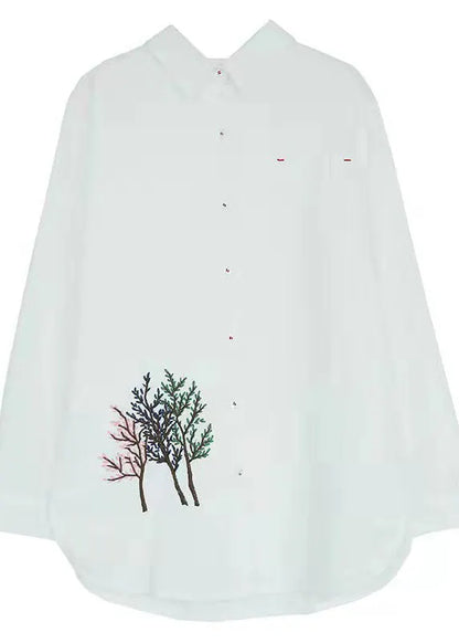 Organic White Peter Pan Collar Embroidered Cotton Shirt Top Long Sleeve