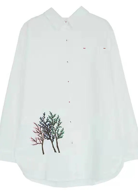 Organic White Peter Pan Collar Embroidered Cotton Shirt Top Long Sleeve
