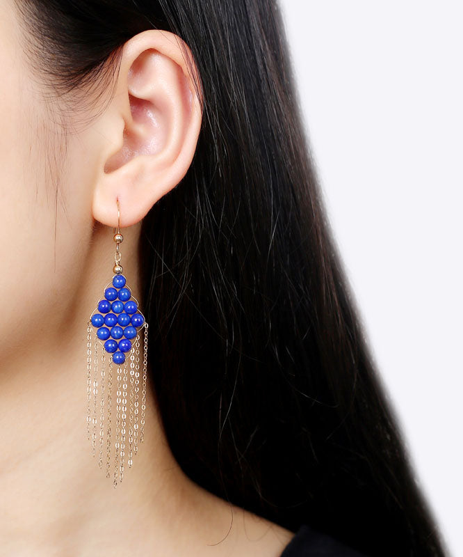 Blue 14k Gold Gem Stone Tassel Drop Earrings