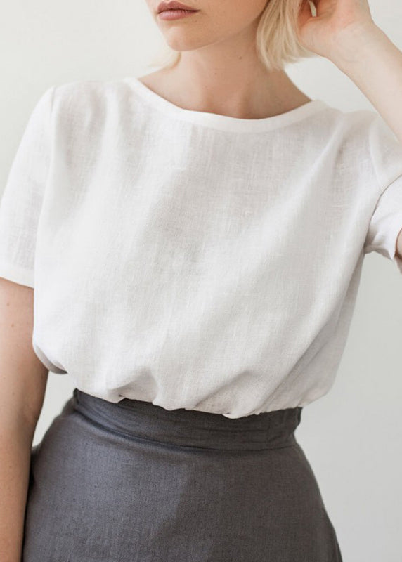 Simple Style White O Neck Linen T Shirts Summer