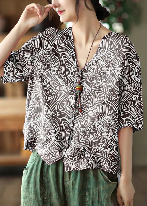 Italian Gray Texture V Neck Print Button Linen Top Half Sleeve