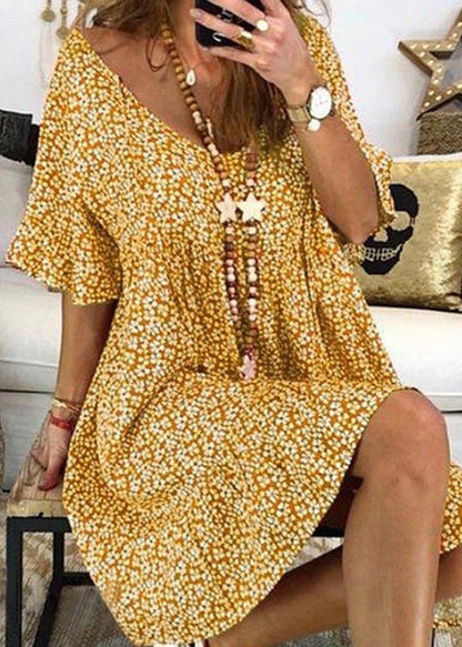 Red V Neck Print Patchwork Cotton Dress Summer