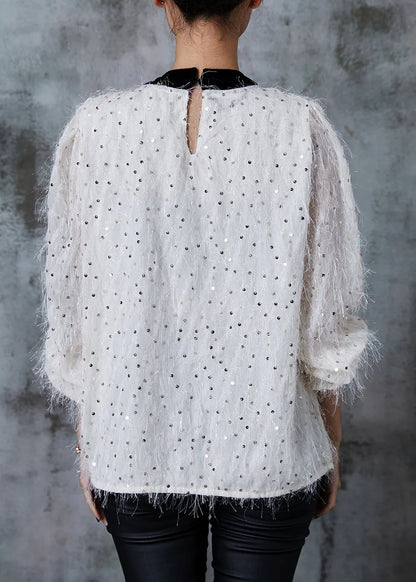 White Sequins Bow Blouse Tops Summer