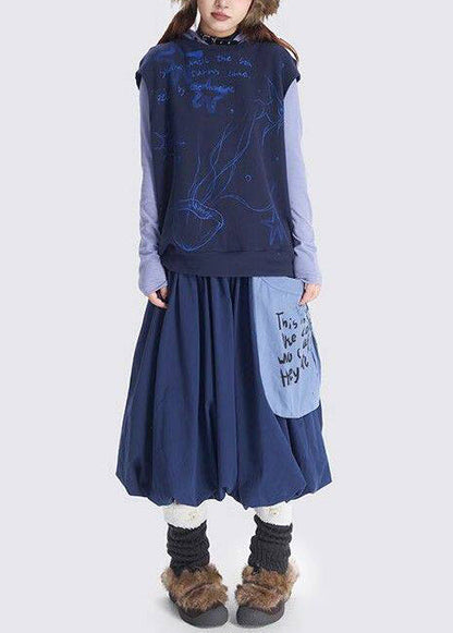 Art Navy Exra Large Hem Patchwork Pocket Cotton Skirts Spring