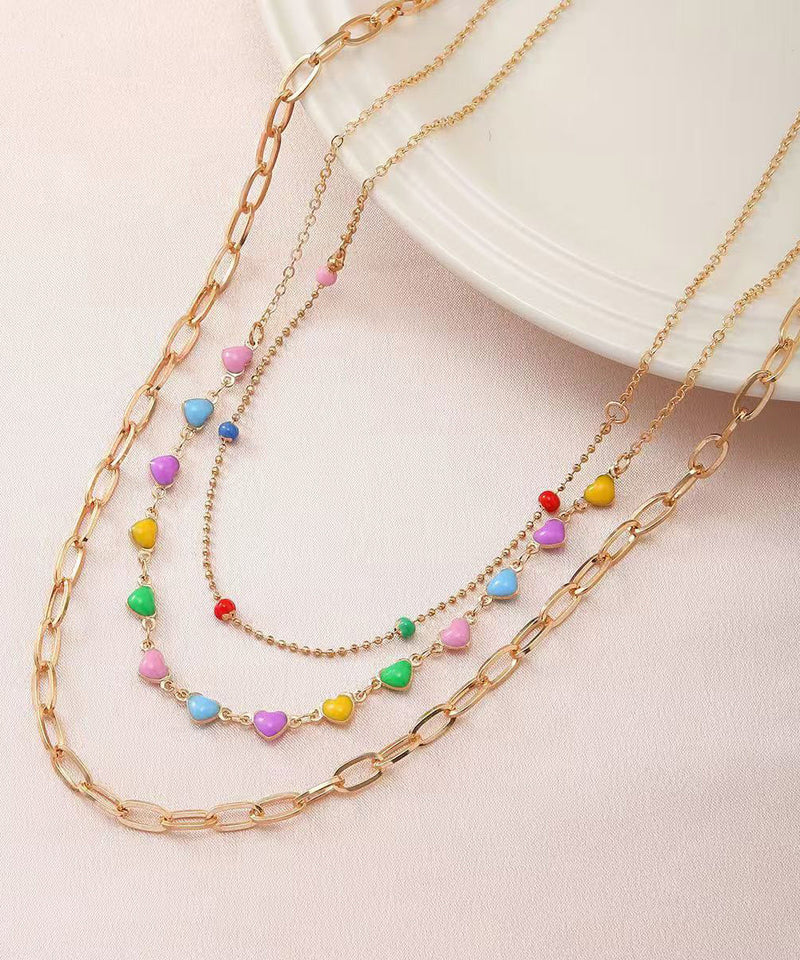 Rainbow Alloy Beading Broken Silver Love Three Piece Set Princess Necklace