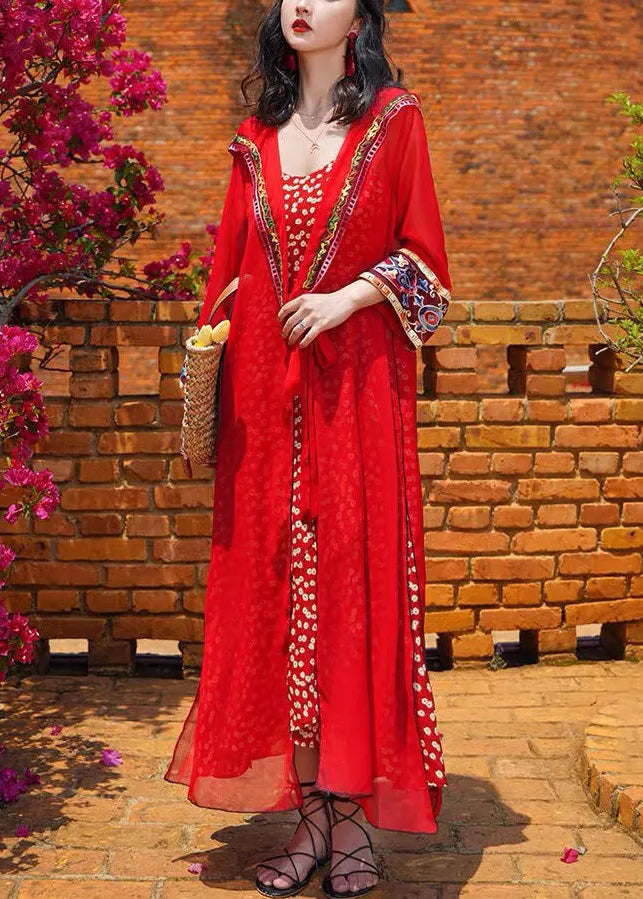 Red Hooded Lace Up Chiffon Long Cardigans Spring