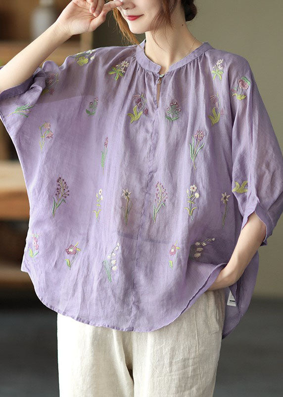 French Orange Low High Design O-neck Embroidered Linen Tops Half Sleeve