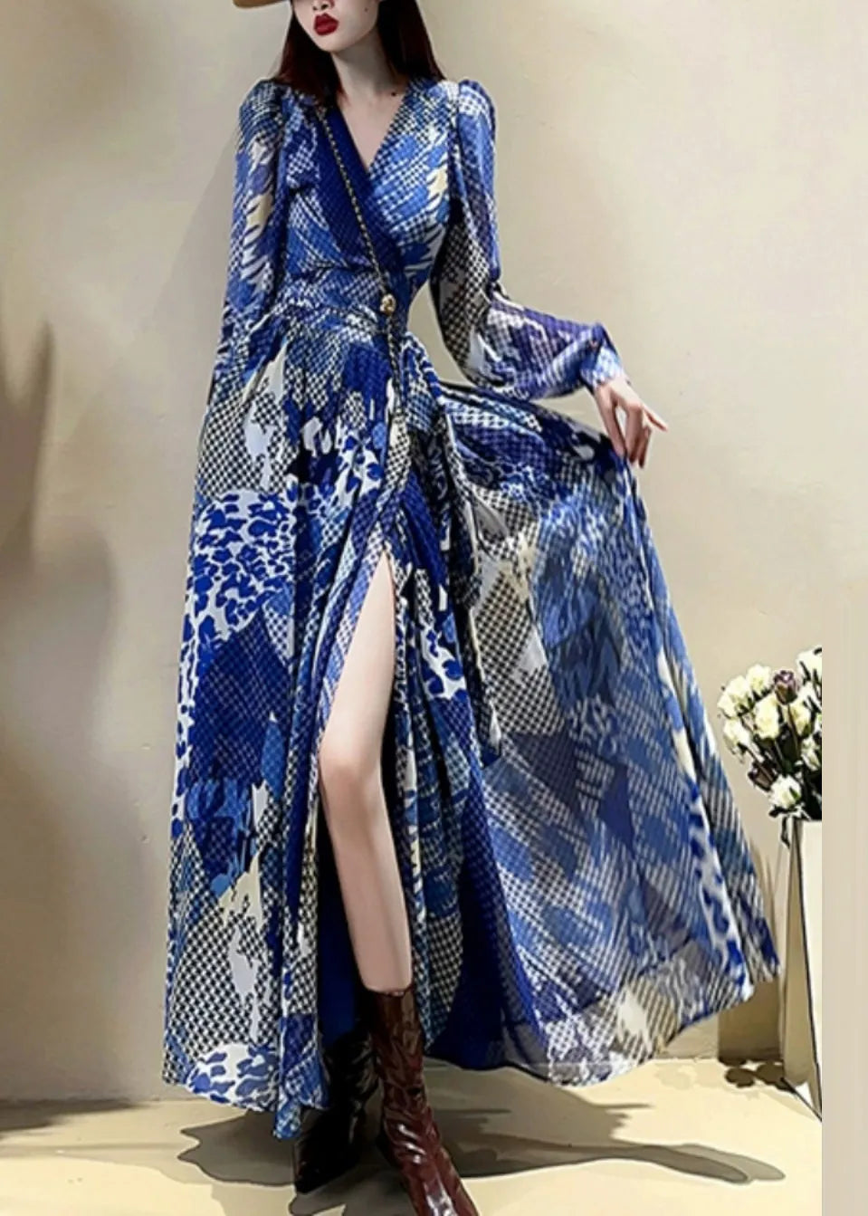 Blue V Neck Print Drawstring Maxi Dress Lantern Sleeve