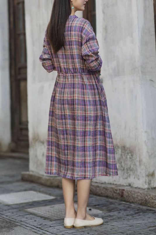 -new Cotton Linen Plaid Dress Long Skirt