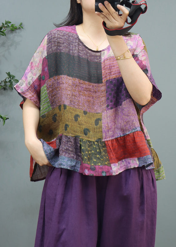Purple Print Linen Top Short Sleeve