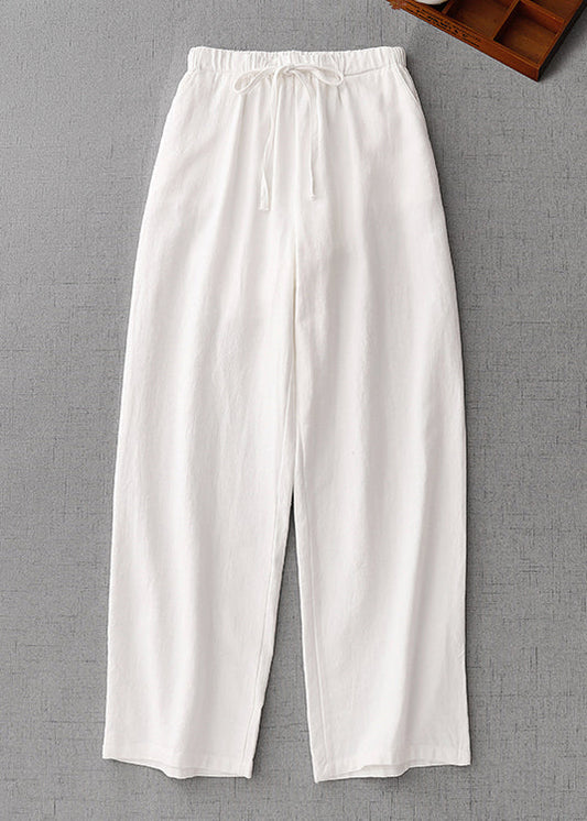 Simple White Pockets Elastic Waist Cotton Pants Summer