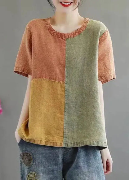 Diy Orange O-neck Patchwork Original Design Linen Tank Top Short Sleeve