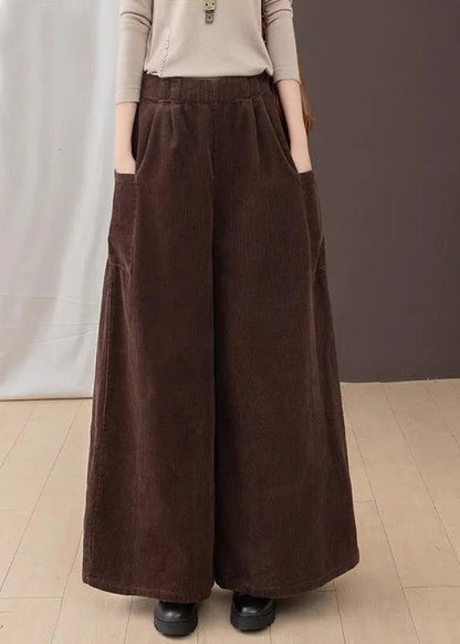 New Brown Pockets Corduroy Warm Fleece Wide Leg Pants Winter