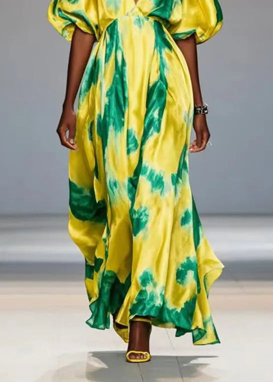 Yellow Cold Shoulder Print Silk Maxi Dresses Lantern Sleeve