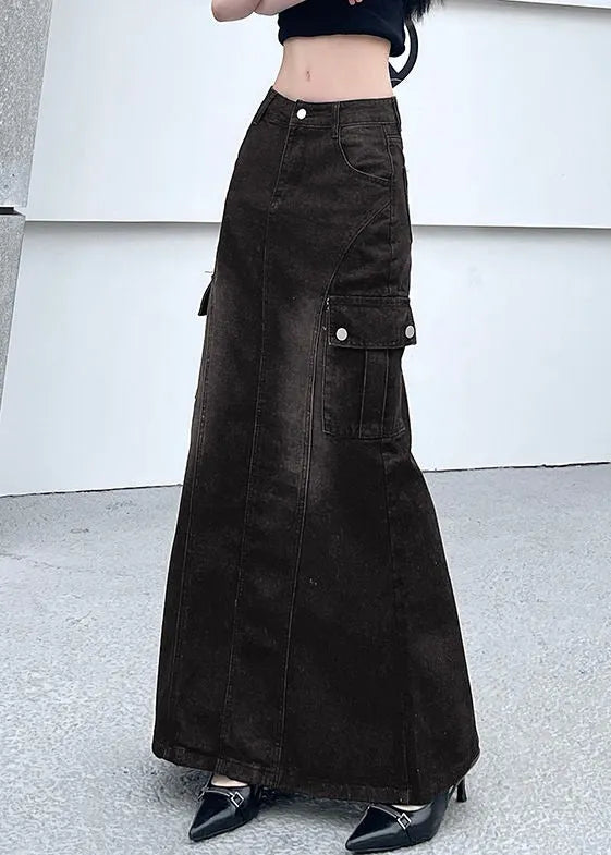 Dark Gray Pockets Side Open Denim Skirt Summer