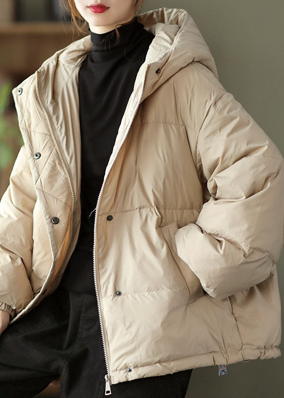 Khaki Hooded Zippered Pockets Loose Winter Down Coat