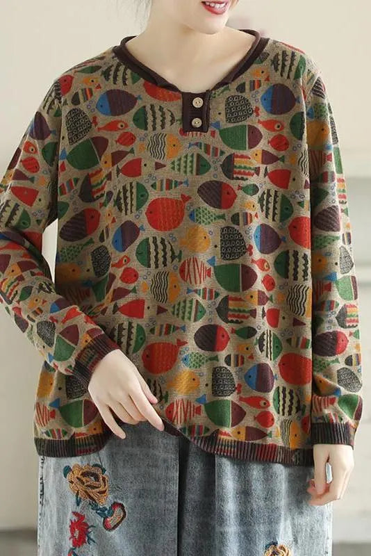 Round Neck Fish Print Knitted T-shirt