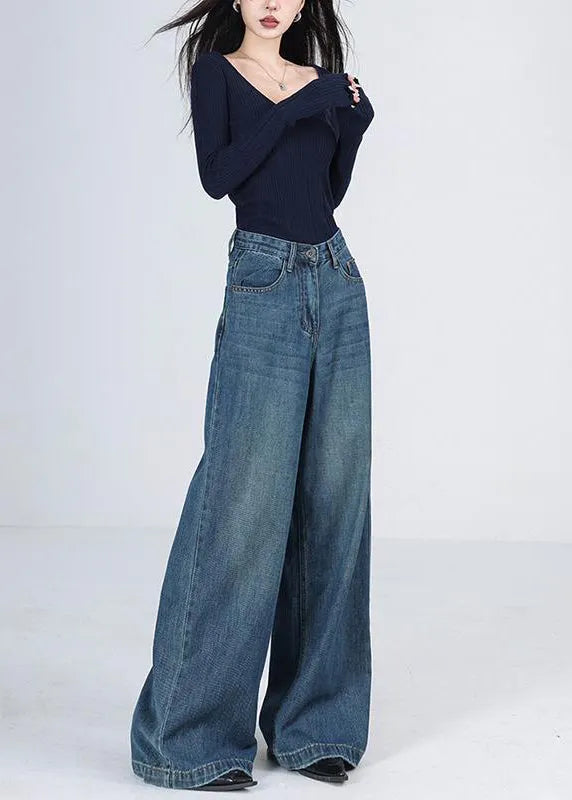 Blue Pockets High Waist Denim Wide Leg Pants Winter