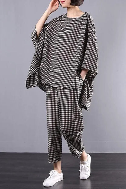 Limited Stock- Cotton Linen Plaid Retro Blouse and Pants