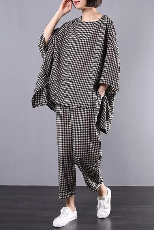Limited Stock- Cotton Linen Plaid Retro Blouse and Pants