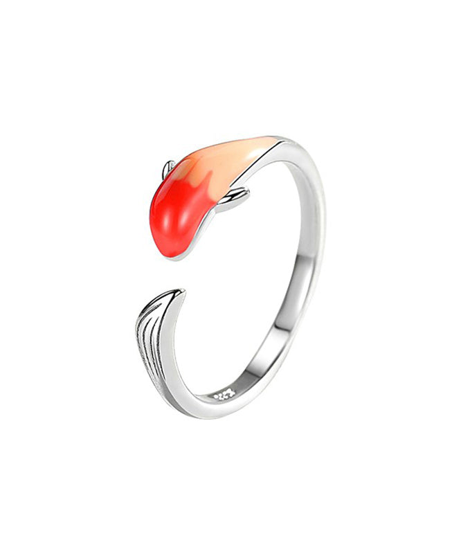 Red Sterling Silver Brocaded Carp Open Rings