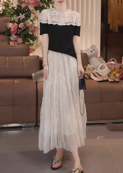 Fine Black Puff Sleeve Patchwork Lace Shirts