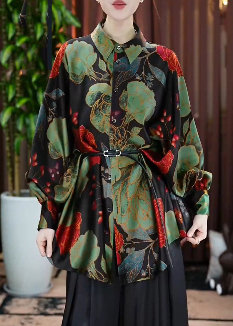 Green Peter Pan Collar Print Button Silk Shirt Fall