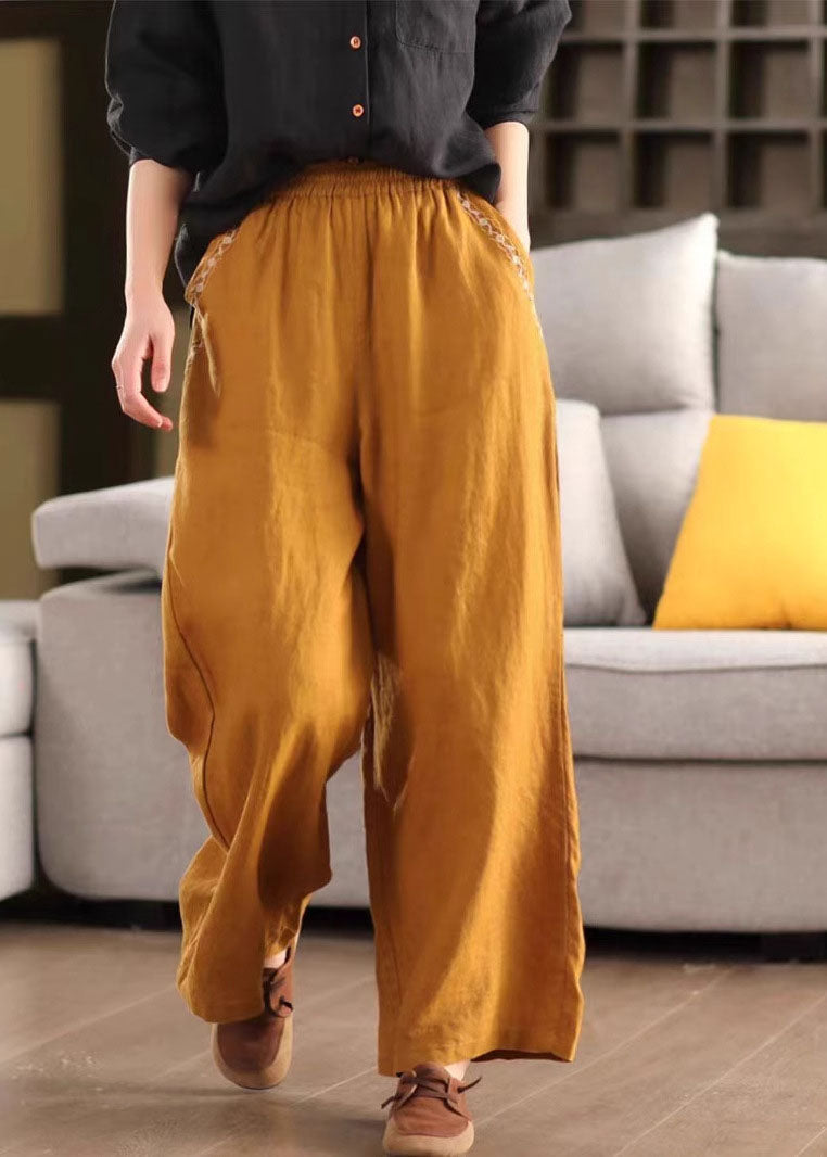 Yellow Embroidered Linen Wide Leg Pants Summer