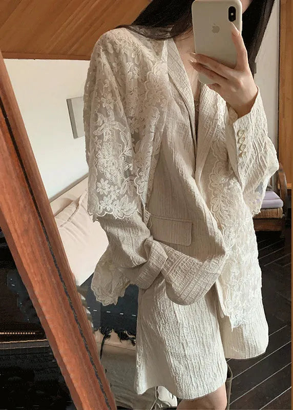 New Beige Peter Pan Collar Coat Cardigans and Shorts Linen Suit Set Spring