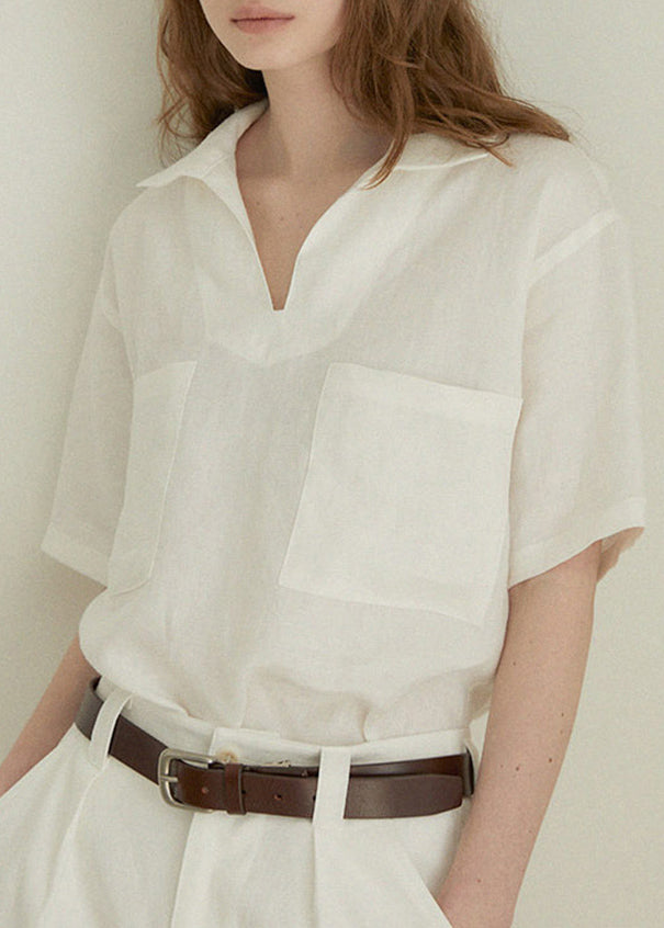Simple Style Beige V Neck Pockets Linen Shirts Summer